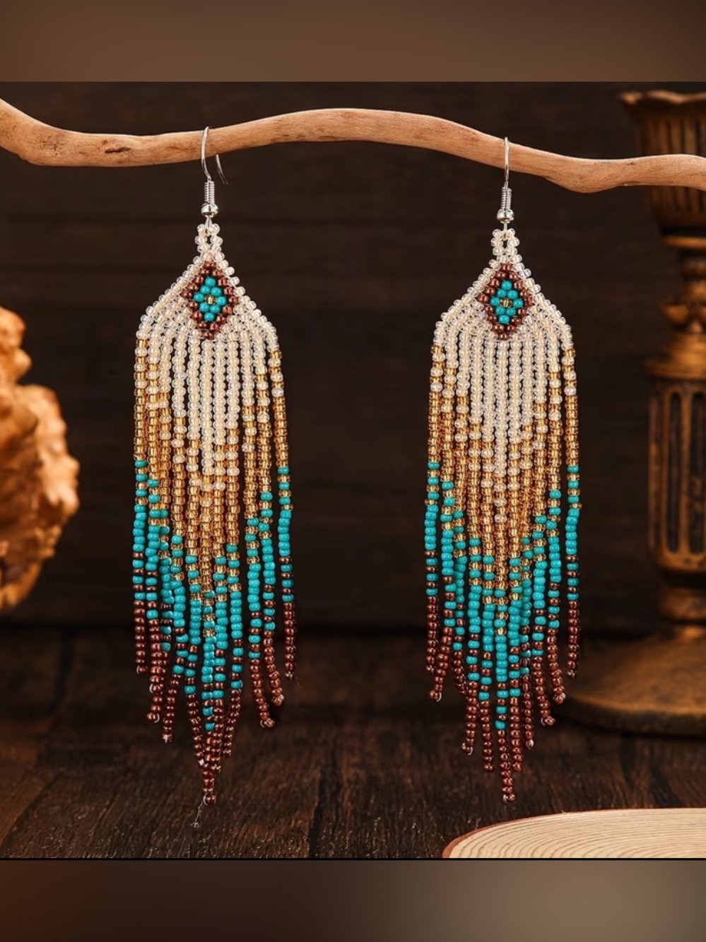 Western Beaded Fringe Drop Earrings - Turquoise, Gold & Brown Bohemian Earrings